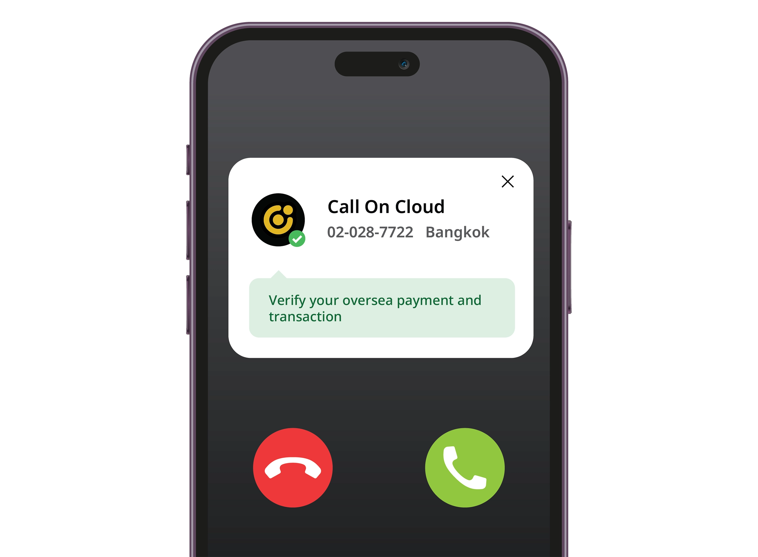 Whoscall screen showing a verified Call On Cloud business identity
